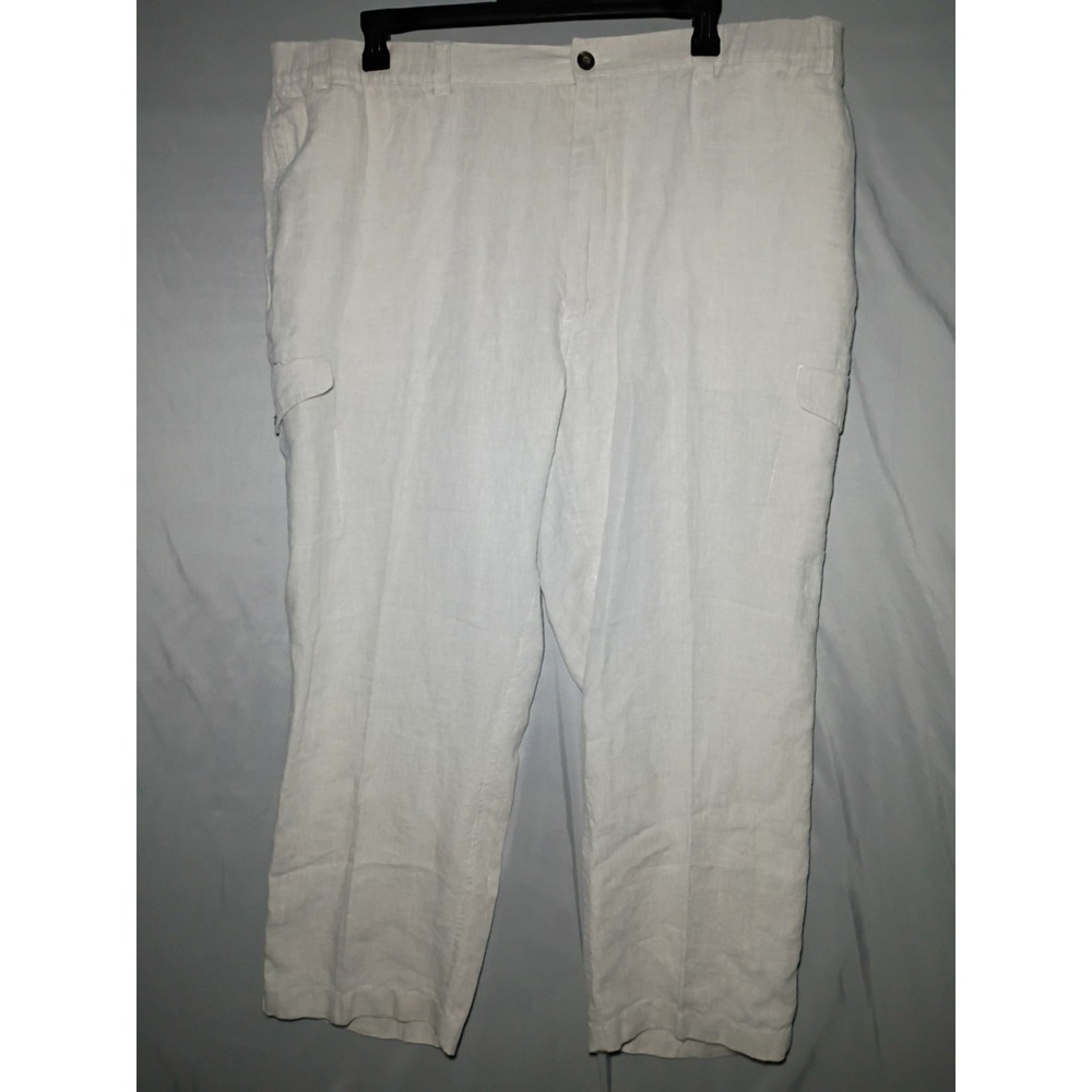Caribbean Brand Cargo Pants Mens 36x30 Ivory 100% Linen Drawstring Beach Casual